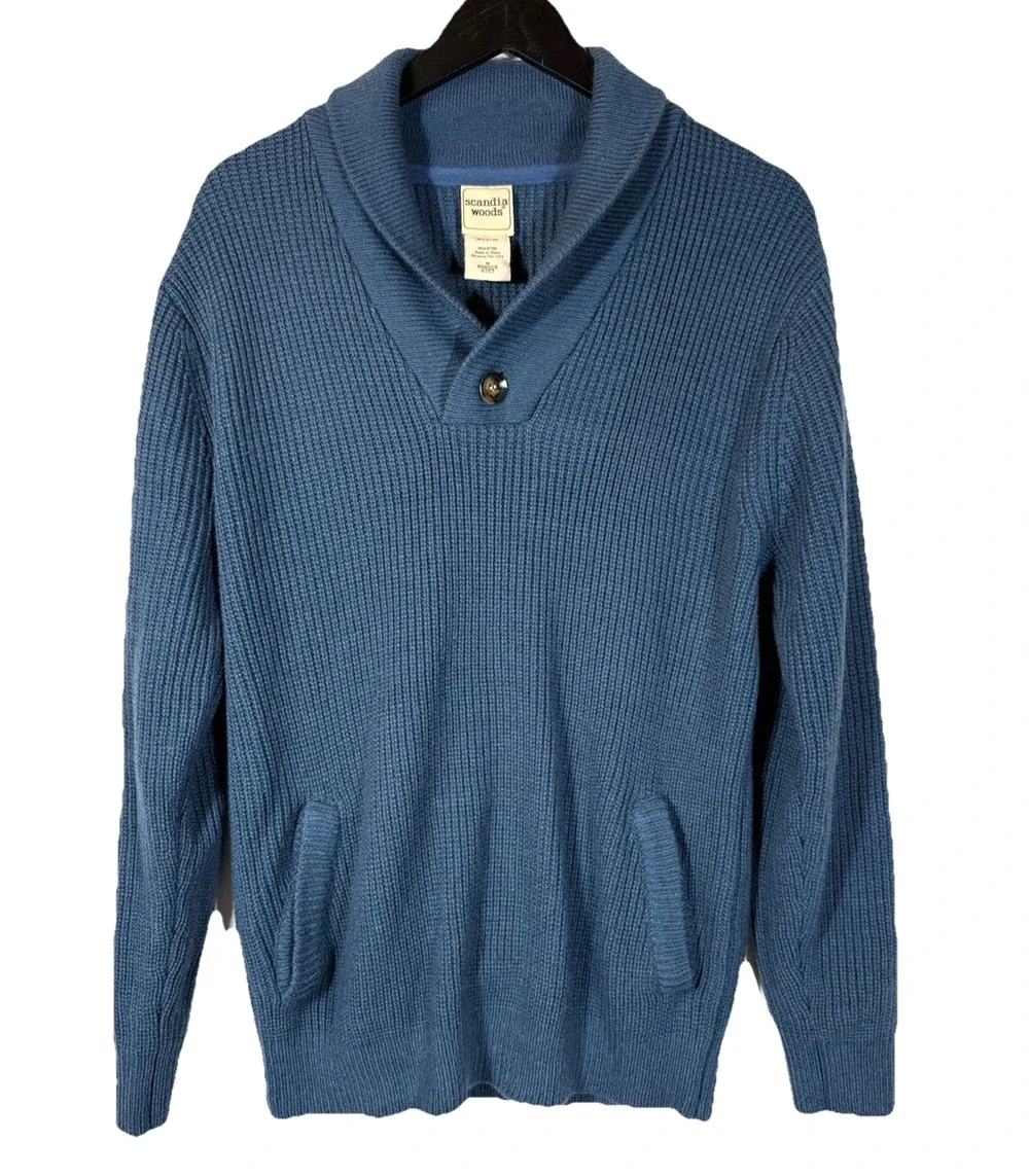 Blue Shawl Neck Sweater Men Medium Scandia Woods Preppy Pockets Button